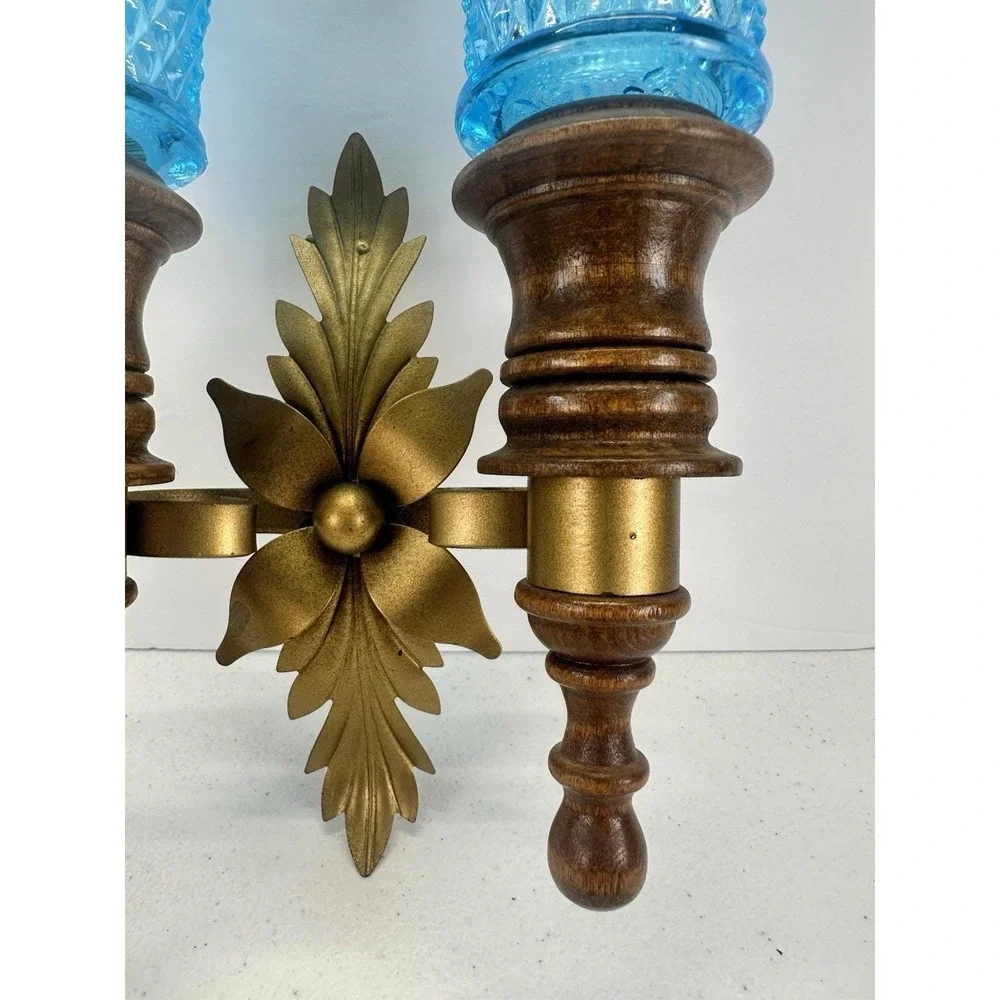 Vintage HTF BLUE Glass Double Wall Candle Sconce Wood Gold Metal 1960s